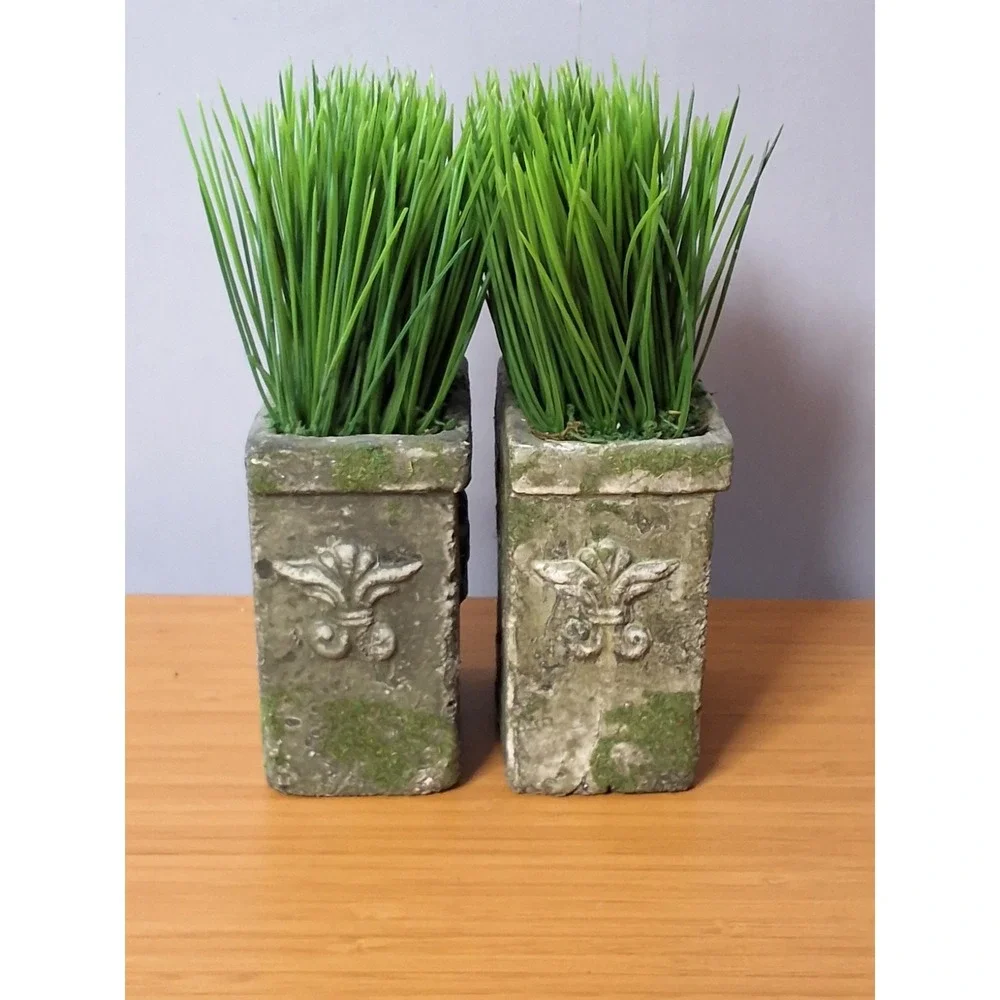 Pair Of Artificial Potted Green Grass Plants In Rustic Concrete Hangable...